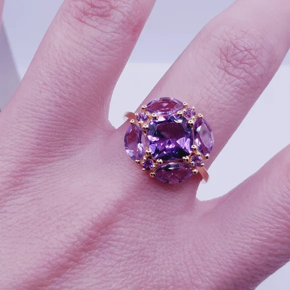 Genuine Amethyst Cluster RingYellow Gold Plated 925 Sterling Silver